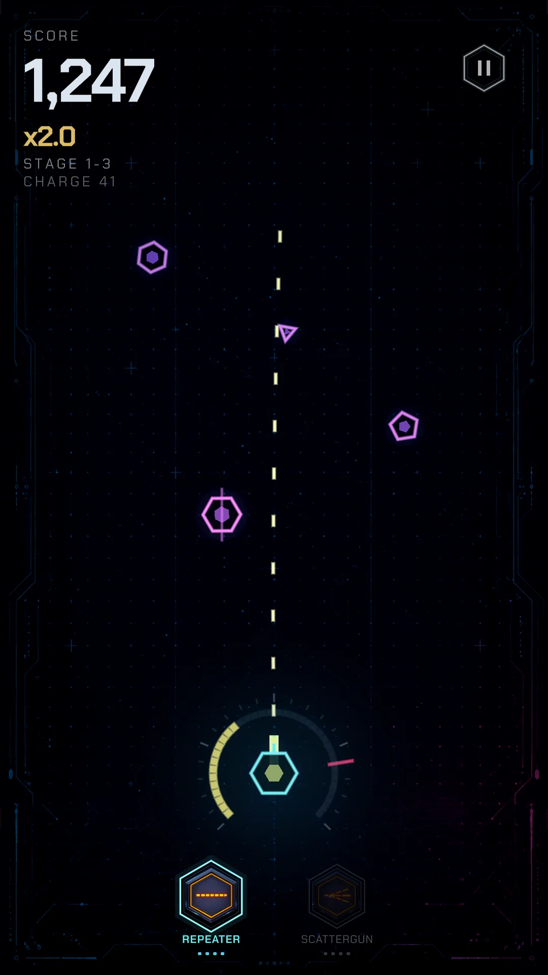 Intake, stage 1-3: 4 exchange elements descending on a cool turret, the gauge barely off its stop and the multiplier at 2.0