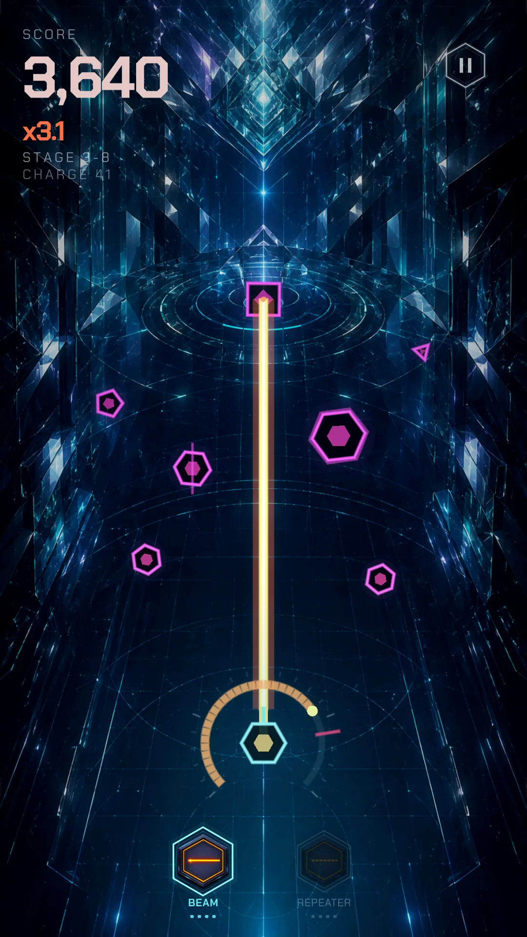 Counterflow, stage 3-8: a crowded field under a mirrored ceiling, the gauge past three quarters and the multiplier at 3.1