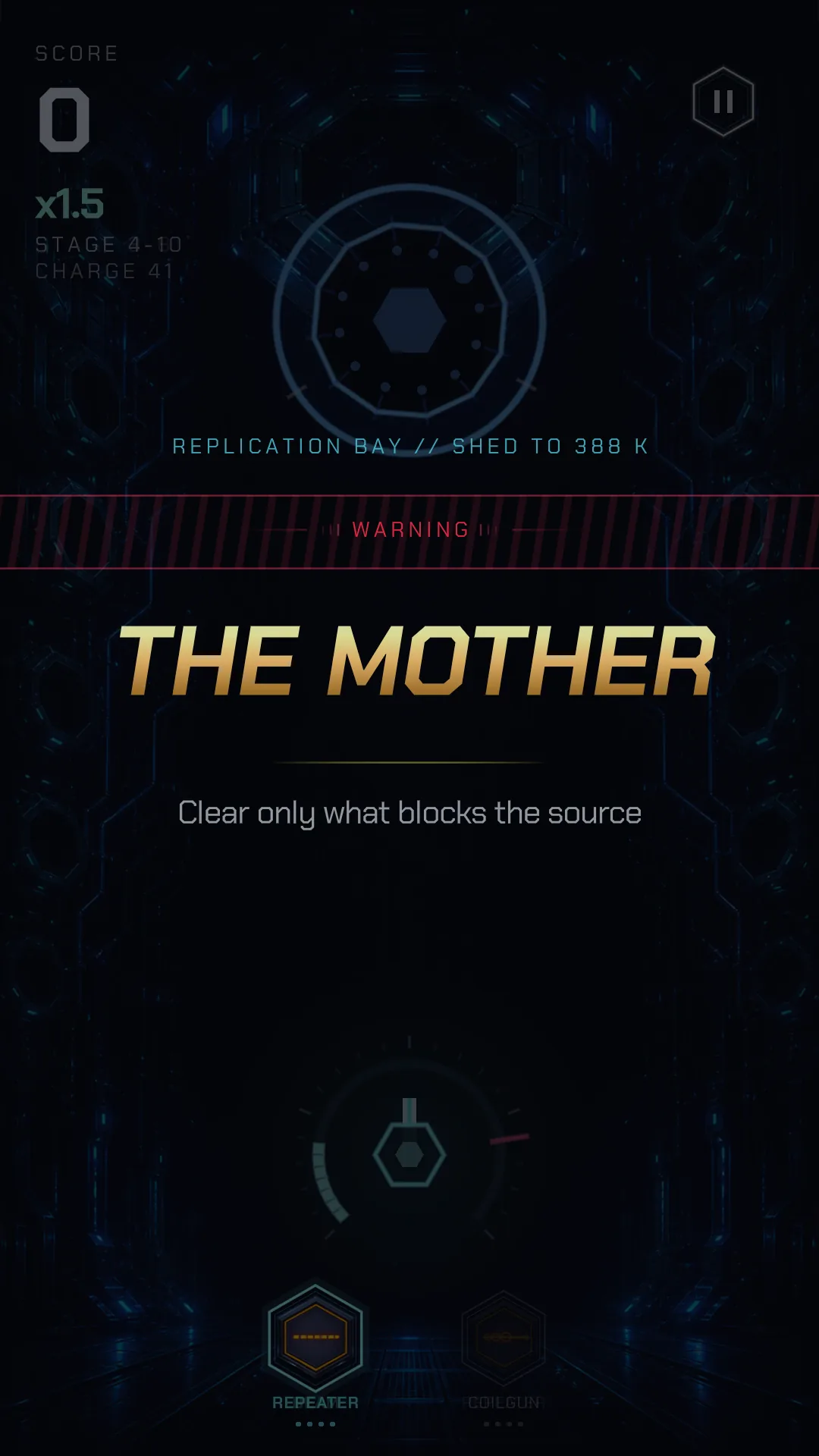 The boss alarm card for The Mother in the Replication Bay, with the objective line: clear only what blocks the source