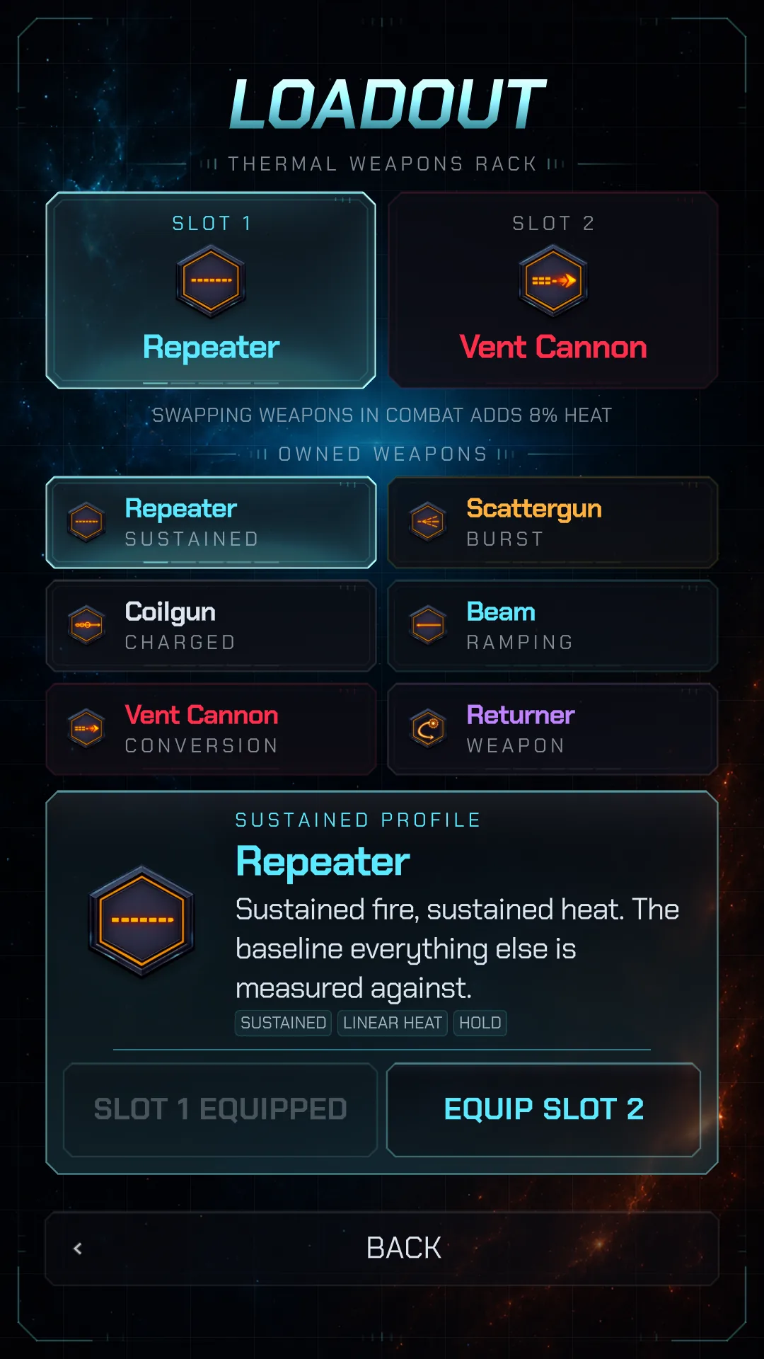 The loadout screen, showing all 6 weapons on the rack and the two-slot pairing with the 8% heat cost of swapping in combat